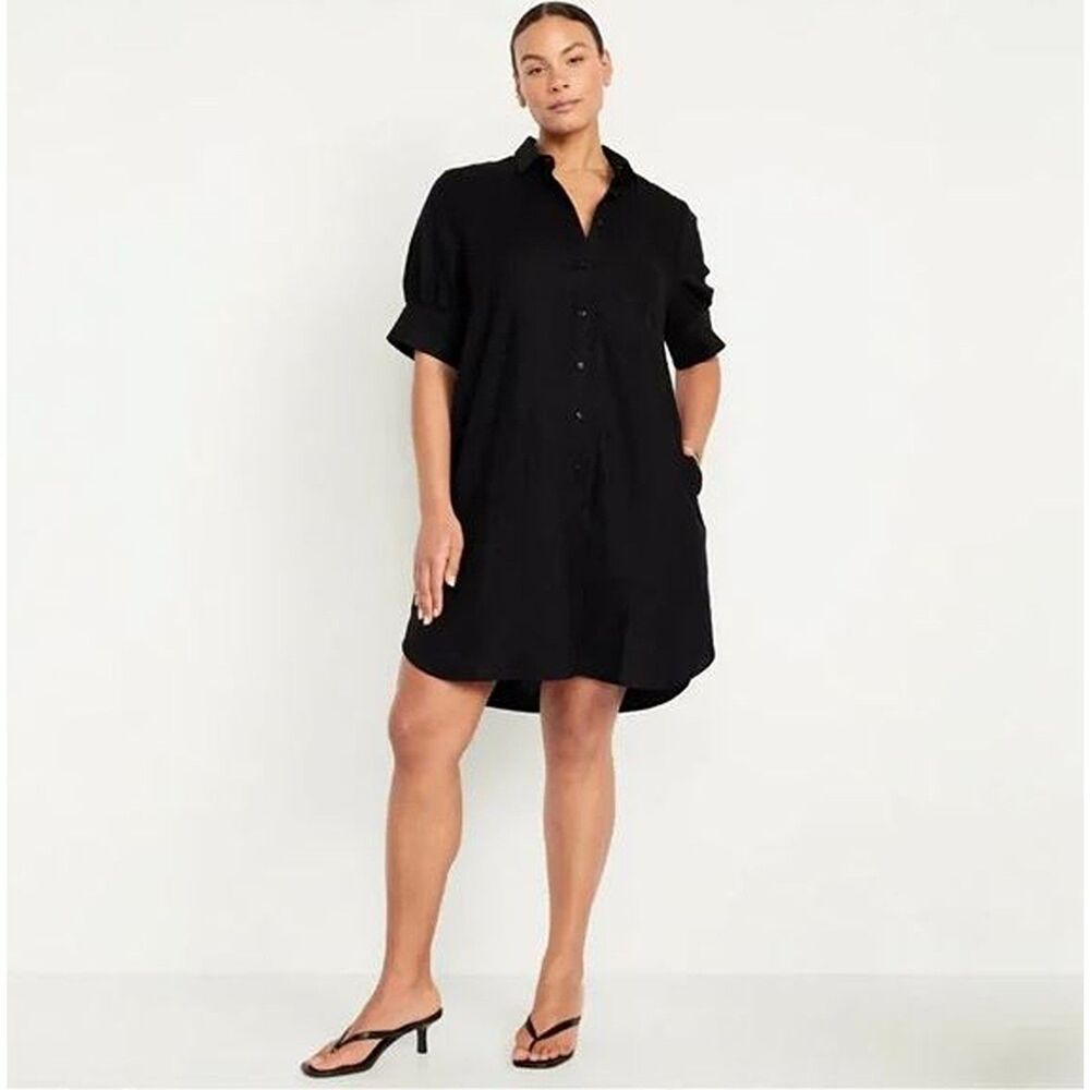 Old Navy Puff Sleeve Linen Mini Dress Size XL Button Up Lagenlook Bohemian Black